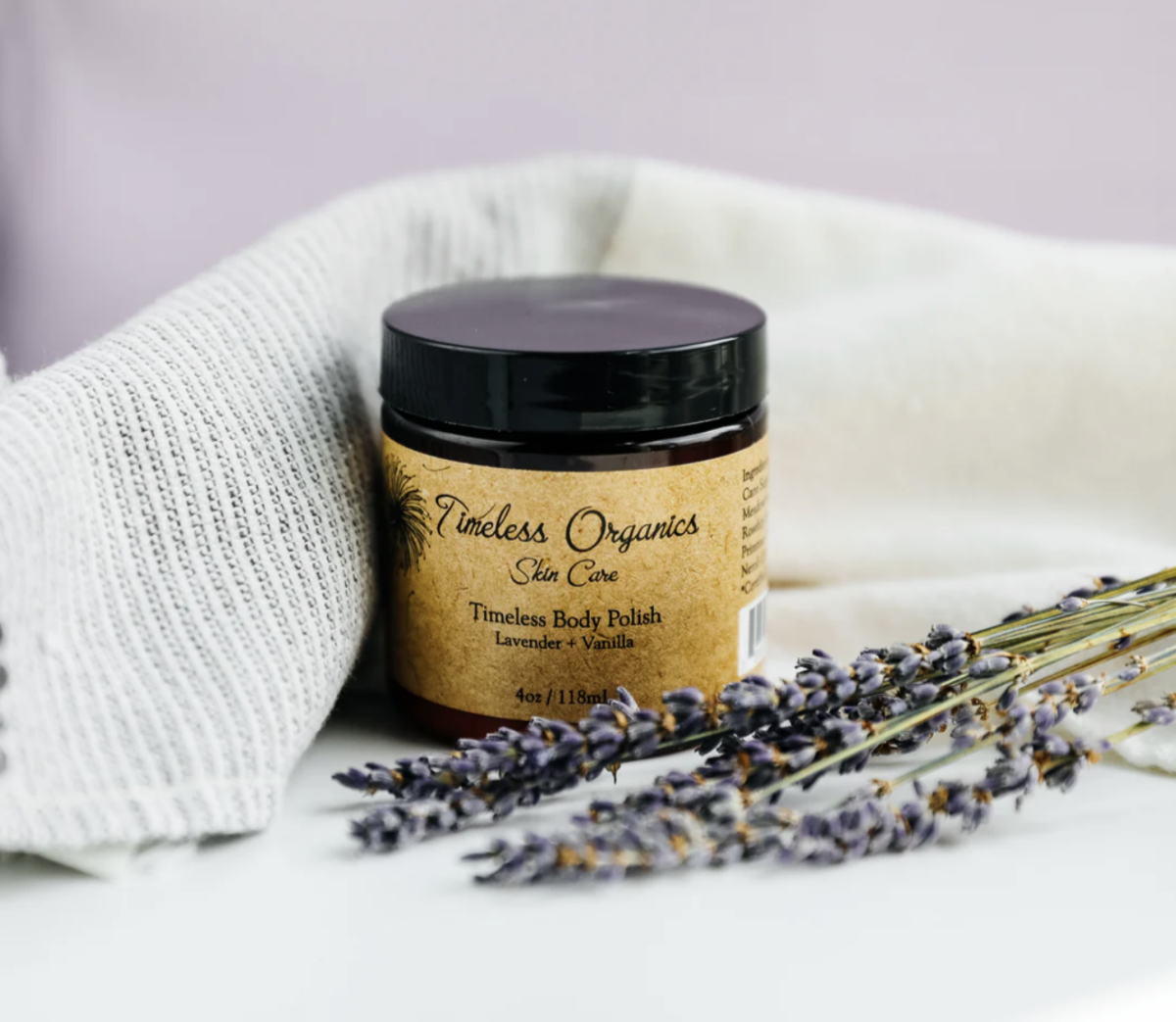 lavender and vanilla body polish with fresh lavender and a pale linen