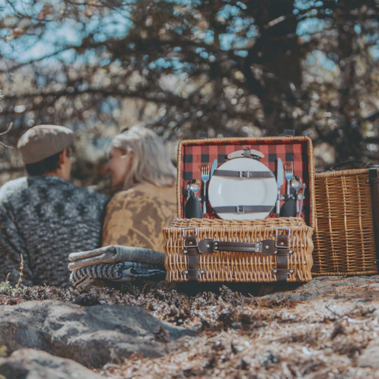 a couple having a picnic on the blanket
