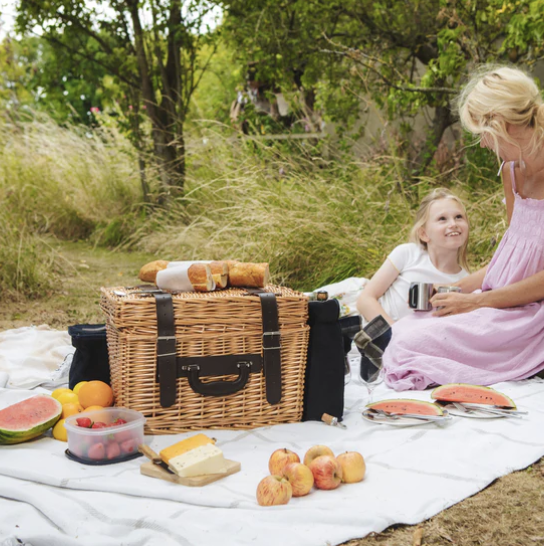 a mom and her daughter on a blanket with a picnic basket