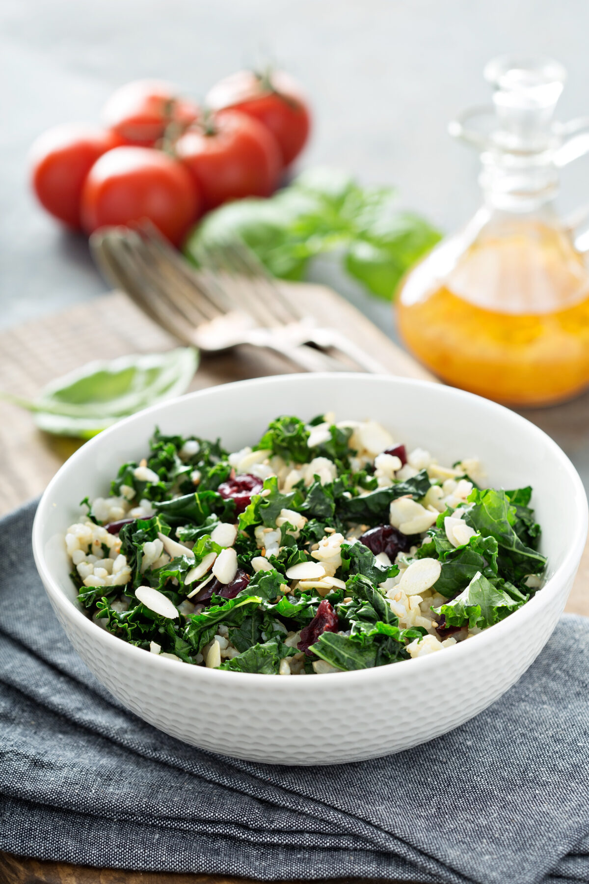 Warm Kale Salad with Brown Rice, Almonds and Dried Cranberries