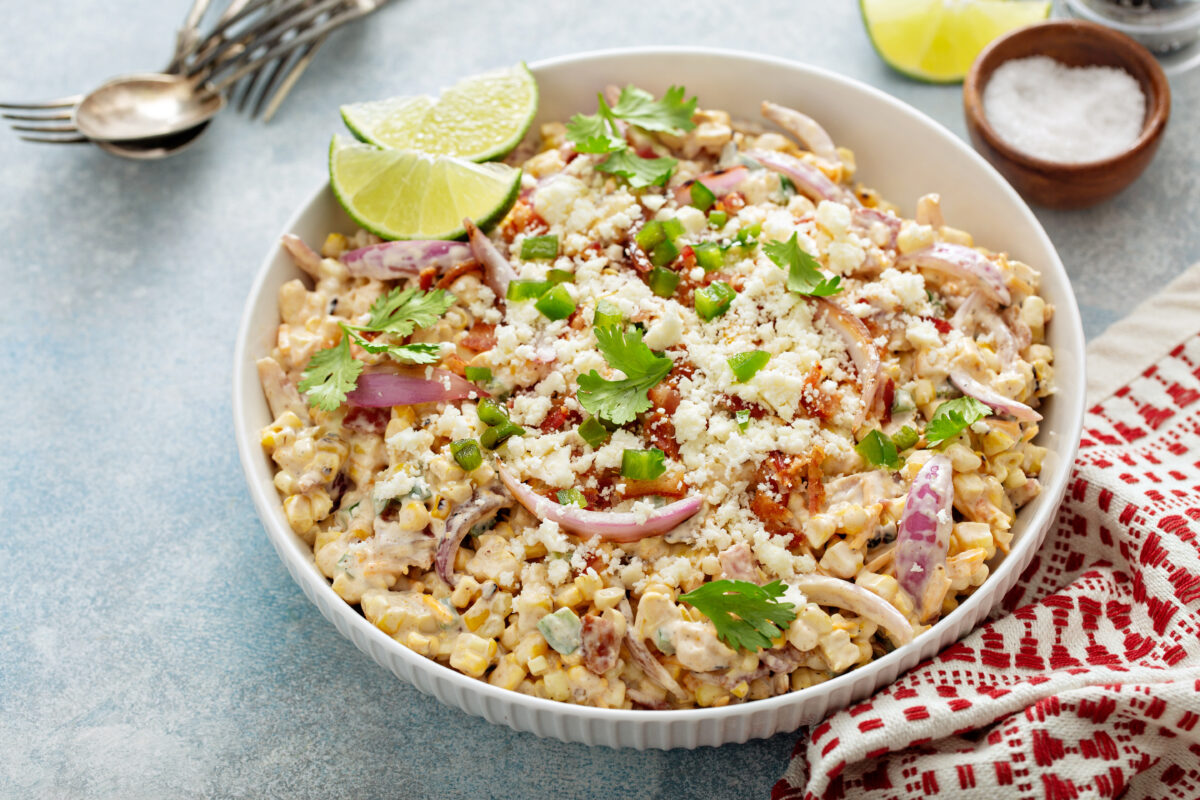 Grilled corn and jalapeno salad with red onion, cheddar cheese and bacon, summer potluck recipe