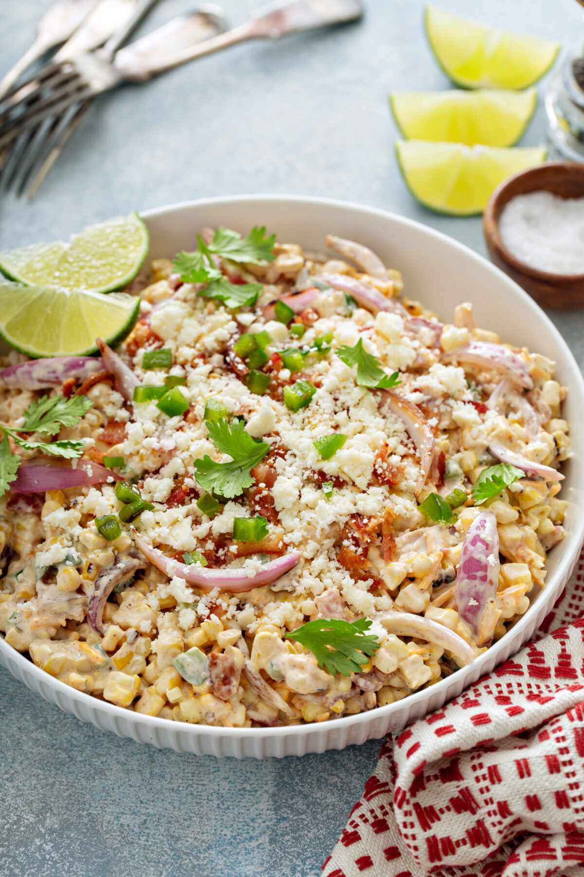Grilled corn and jalapeno salad with red onion, cheddar cheese and bacon, summer potluck recipe