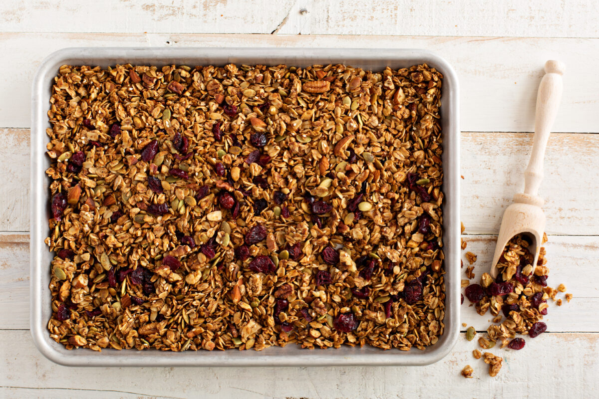 Homemade granola on baking sheet