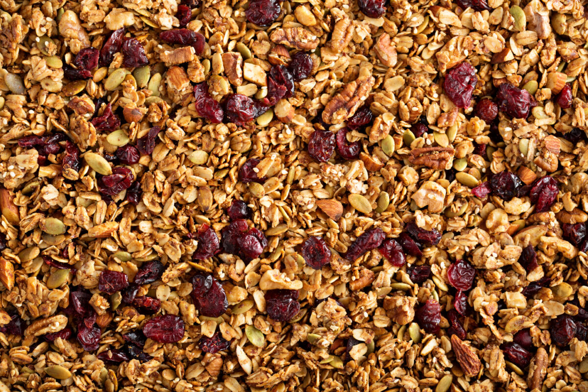 close up of homemade cranberry pecan granola