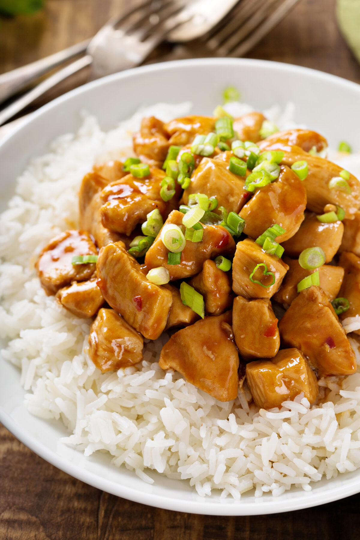 Sweet and sour chicken with rice in white bowl with spring onions