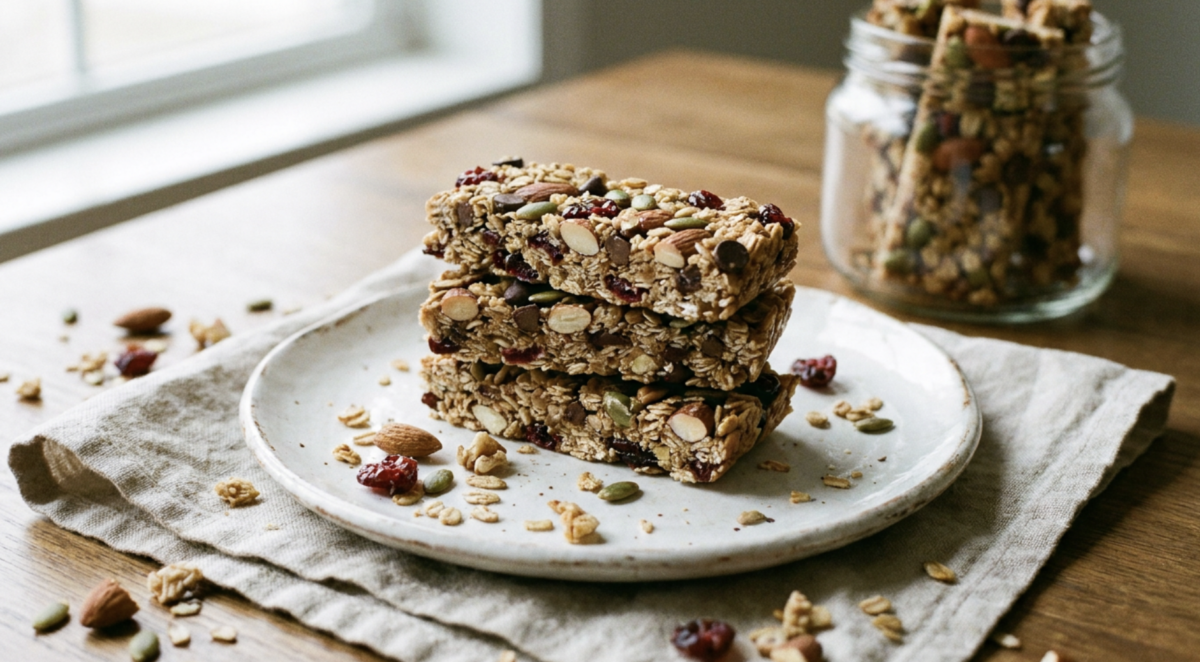 trail mix granola bars stacked on a serving plate with a linen
