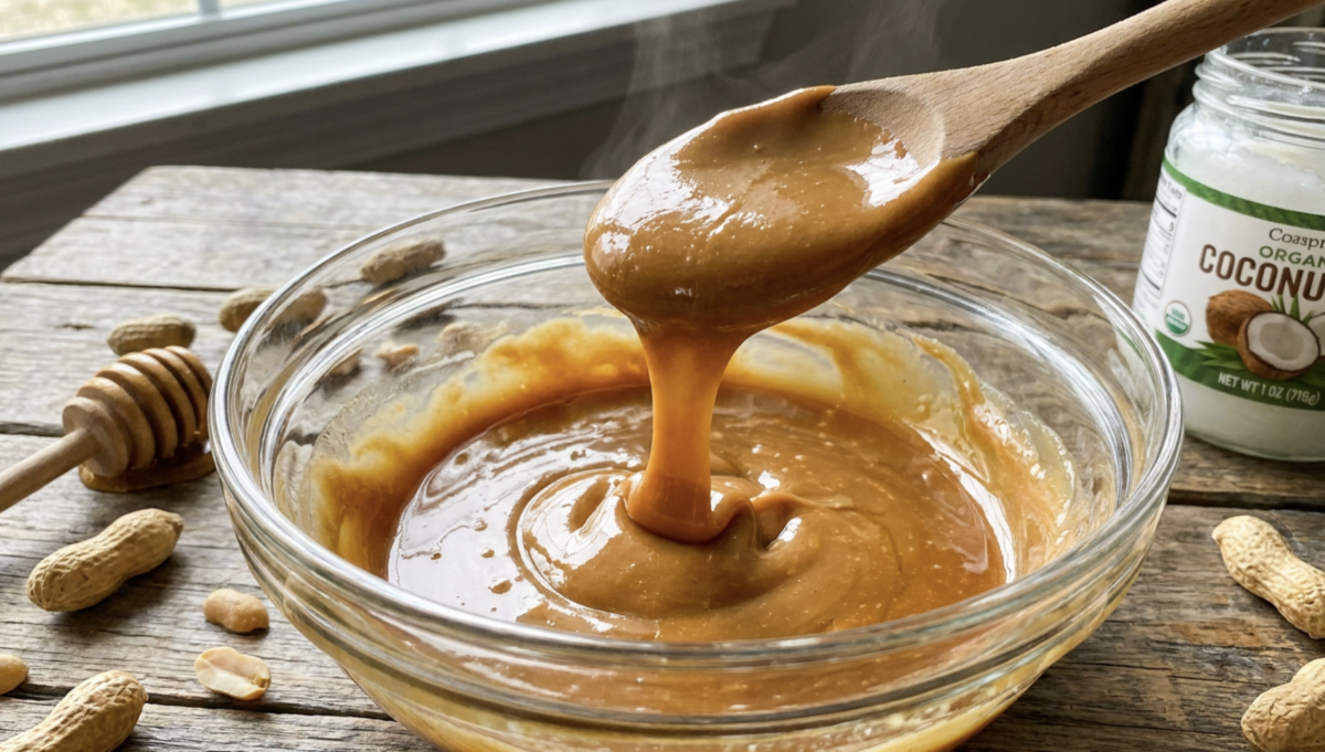 a spoon stirring a bowl of coconut oil, peanut butter and honey
