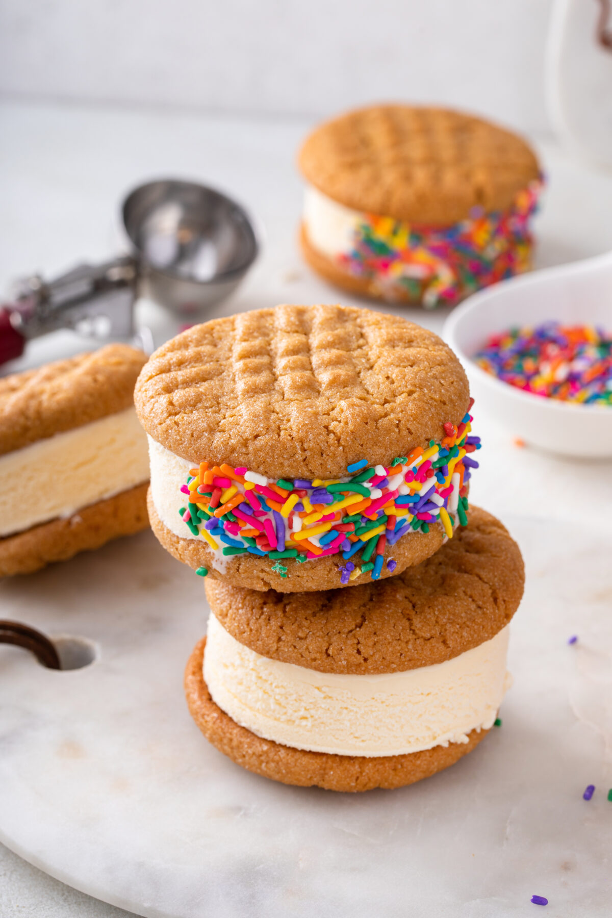 Ice cream sandwich with vanilla ice cream, peanut butter cookies and sprinkles