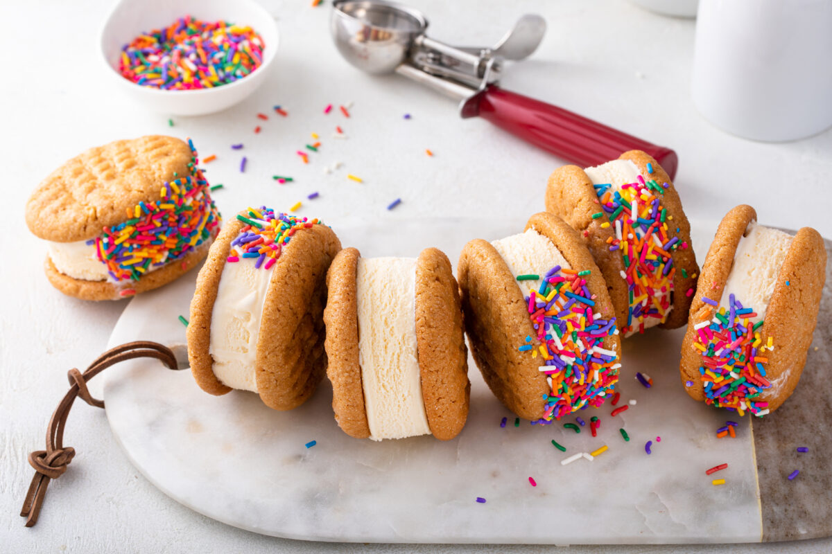 Ice cream sandwich with vanilla ice cream, peanut butter cookies and sprinkles