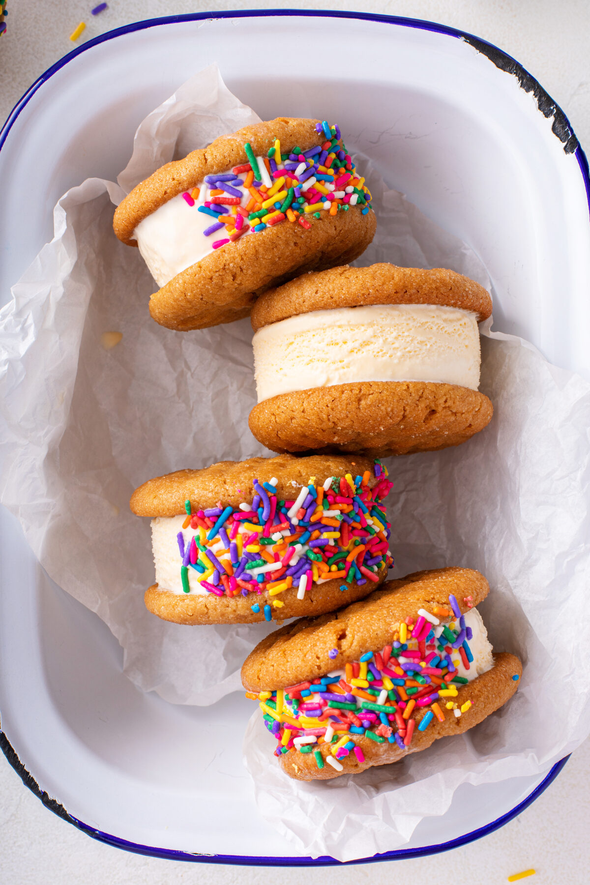 Ice cream sandwich with vanilla ice cream, peanut butter cookies and sprinkles