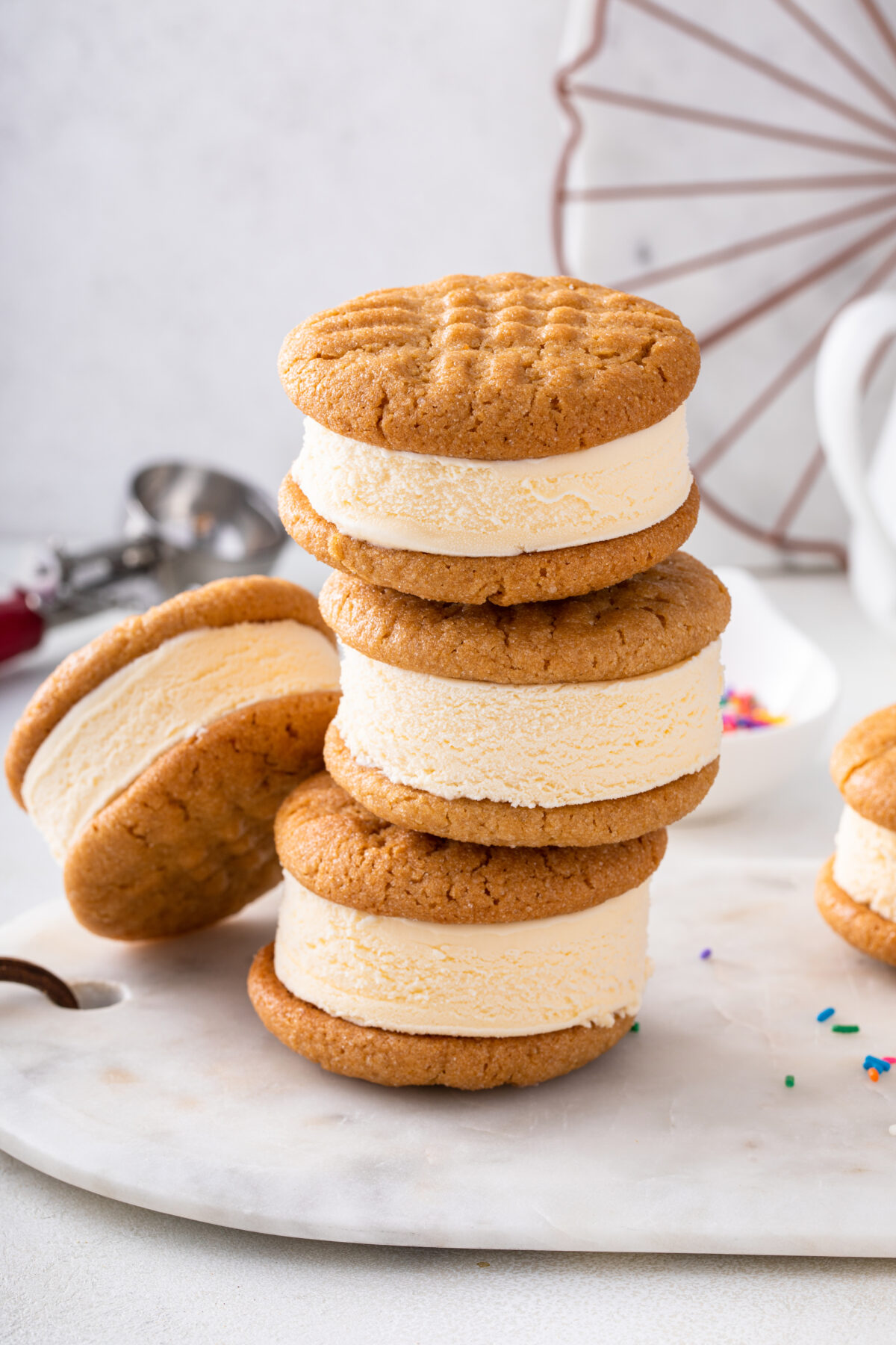Ice cream sandwich with vanilla ice cream, peanut butter cookies and sprinkles