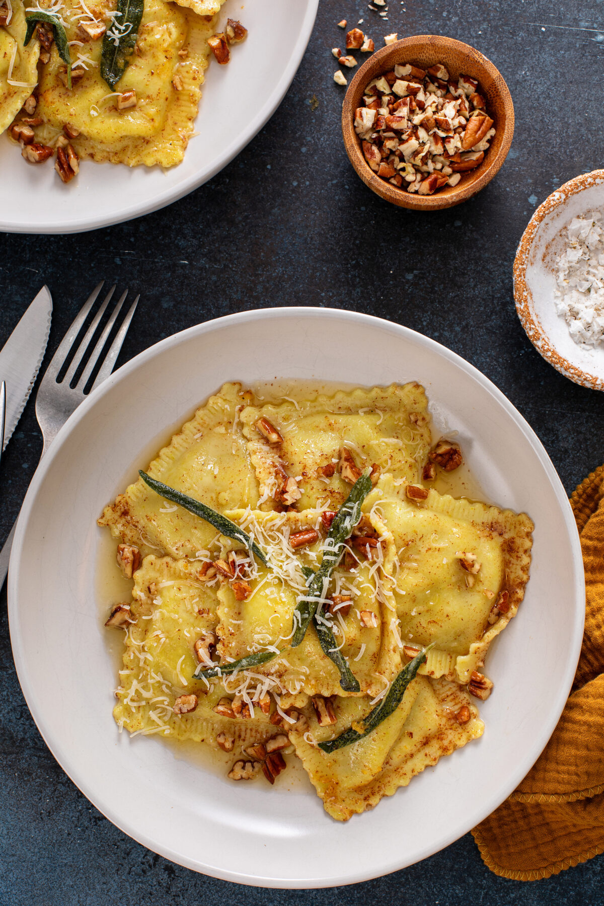 Pumpkin ravioli with brown butter pecan sauce and crispy sage