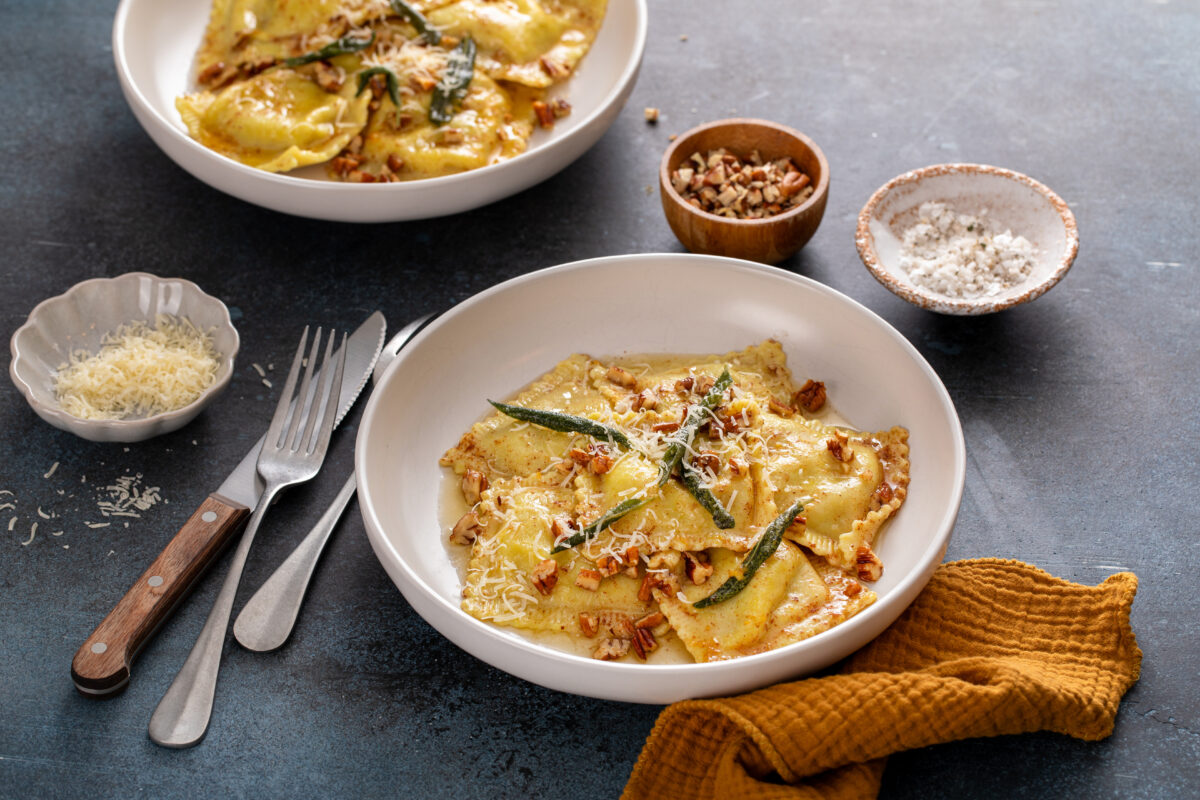 Pumpkin ravioli with brown butter pecan sauce and crispy sage