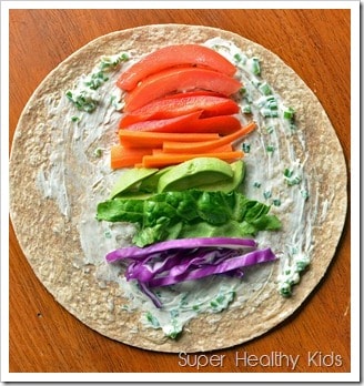 Rainbow Wraps and Chives Recipe. All the colors in one, kid friendly wrap!