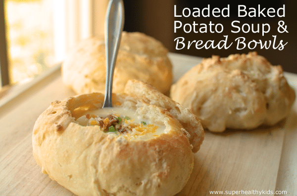 Loaded Baked Potato Soup Recipe in Bread Bowls. Our favorite dinner- POTATO SOUP! And who doesn't love it in a homemade bread bowl??